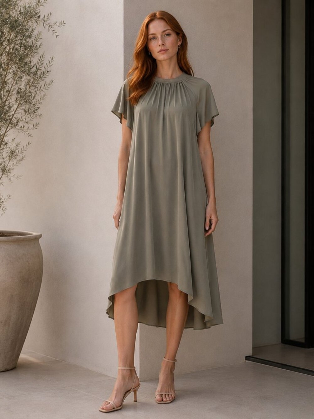 CLUB MONACO Silk Trapeze Midi Dress High Low Hem Old Money Chic Effortless 10